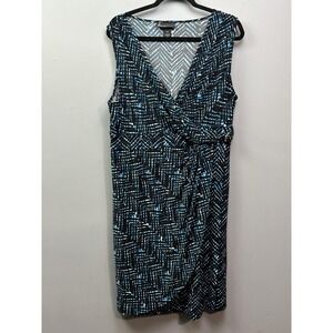 Lane Bryant Dress Womens 14 16 Black Blue White Chevron Sleeveless Belted Wrap